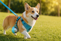 Perro paseando con la botella enganchada al arnés