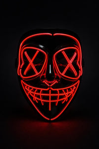 GlowMask LED mask studio product photo, glowing red X-eyes and stitched mouth