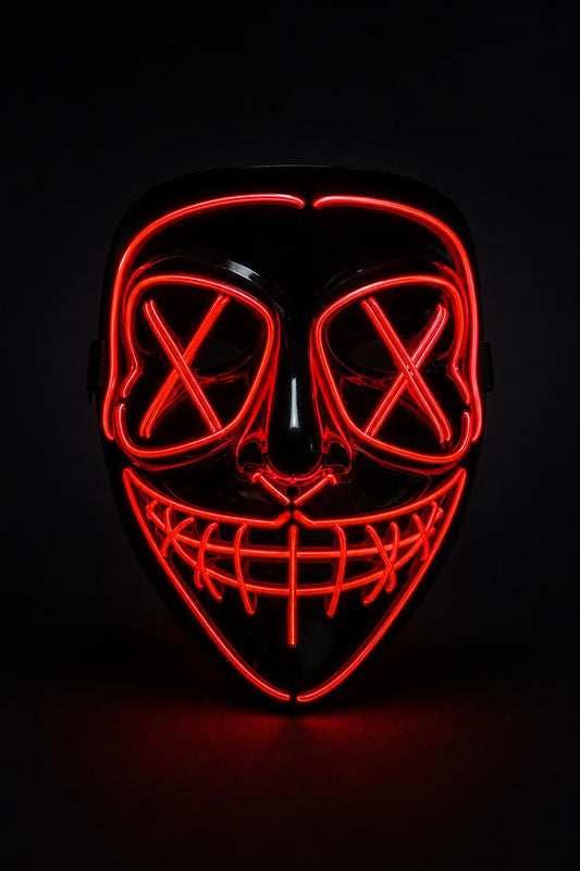 GlowMask LED mask studio product photo, glowing red X-eyes and stitched mouth